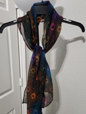 Remington Peacock Feather Print Scarf - Blue, Purple, Gold, Orange, Pink